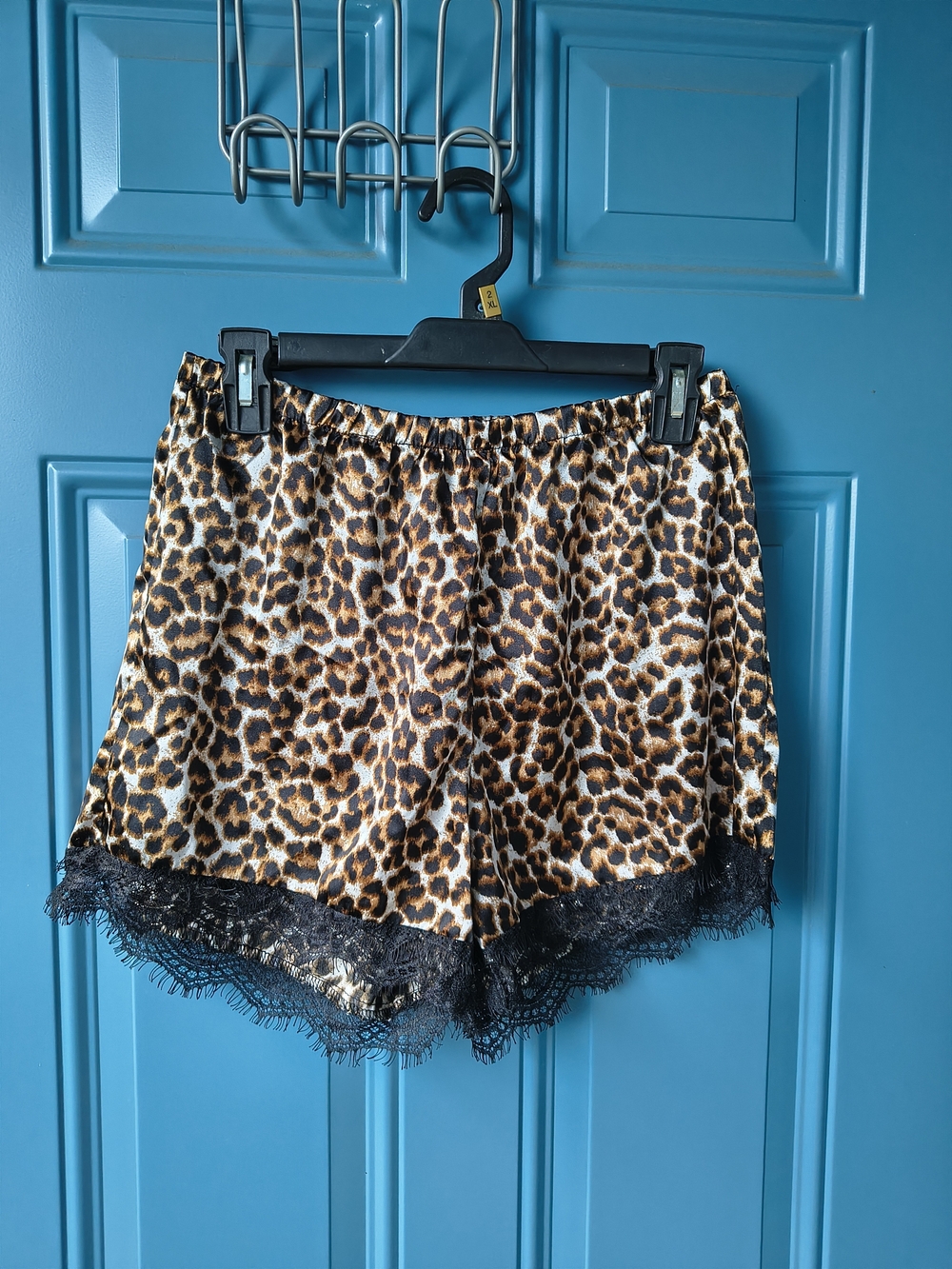 SHEIN Leopard Satin Sleep Shorts with Black Lace Hem